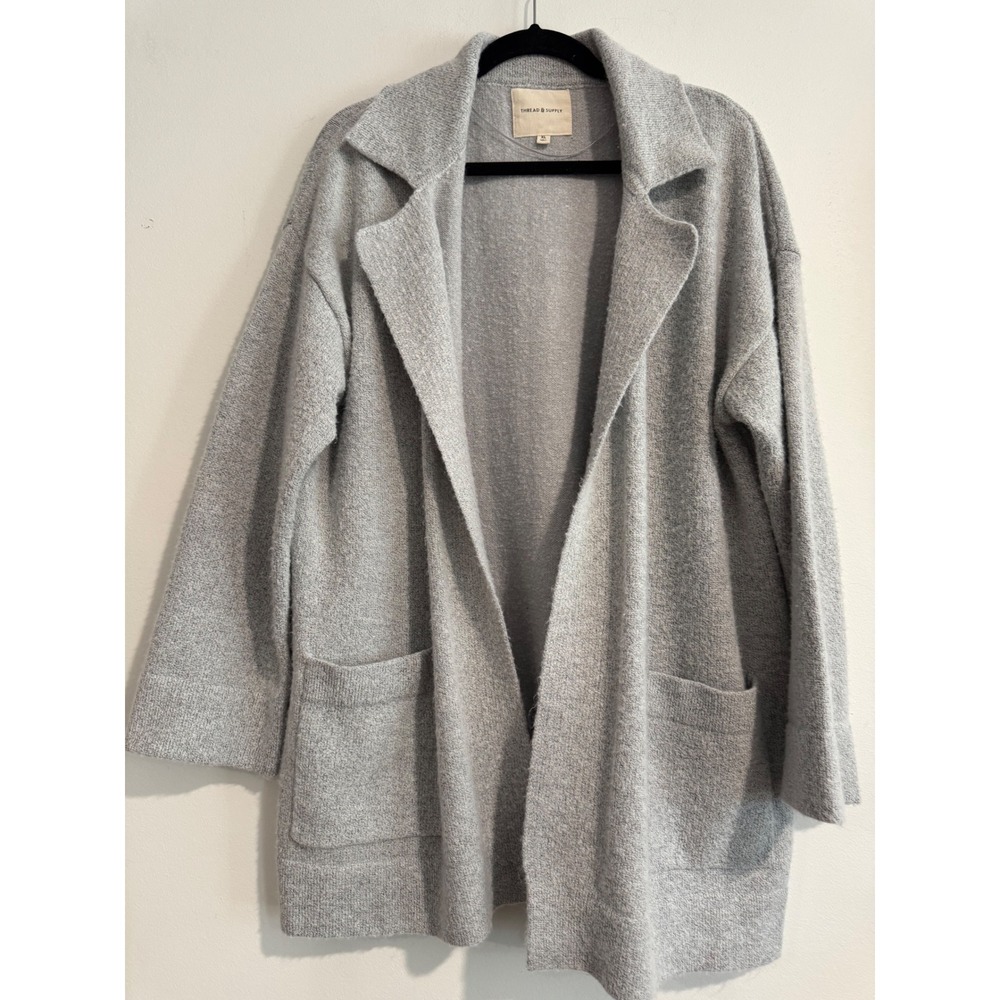 Thread & Supply Open Front Knit Coatigan Womens XL Gray Notched Lapel Pocket